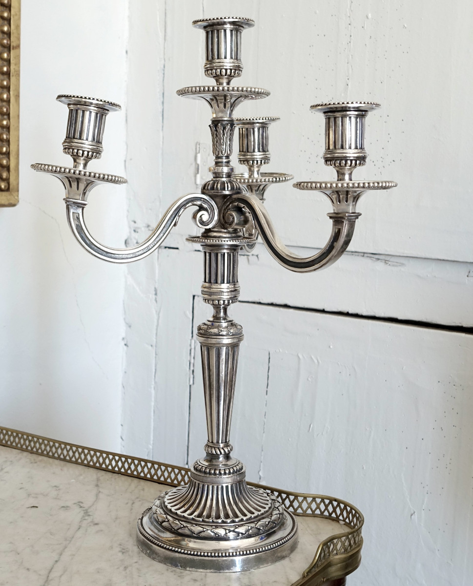   Paire de grands candélabres de style Louis XVI à 4 feux en bronze argenté-photo-2