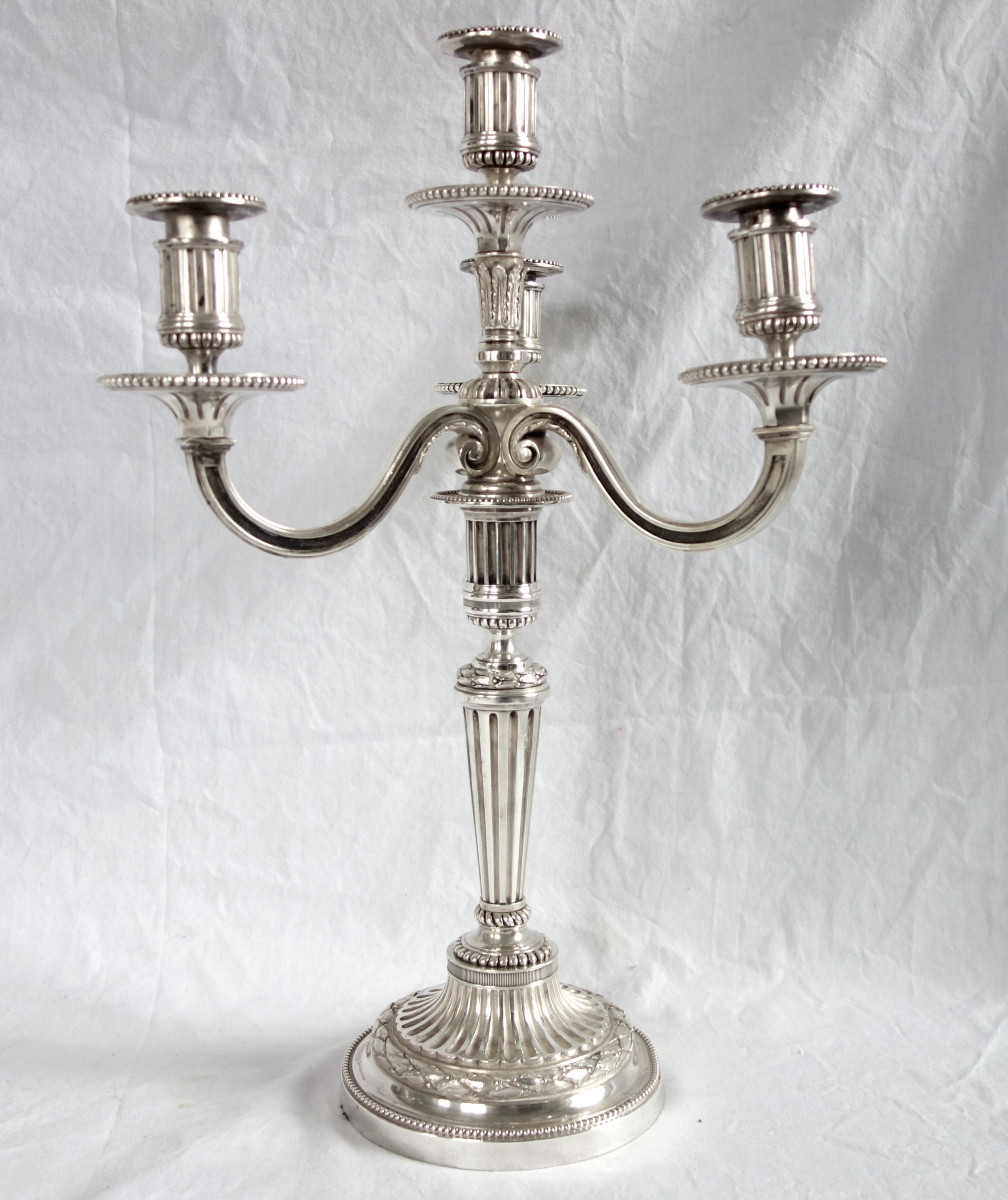   Pair Of Large Louis XVI Style 4-light Candelabra In Silver-plated Bronze-photo-2