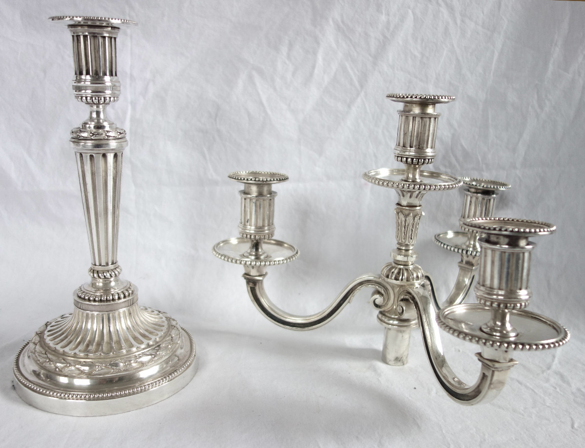   Pair Of Large Louis XVI Style 4-light Candelabra In Silver-plated Bronze-photo-3
