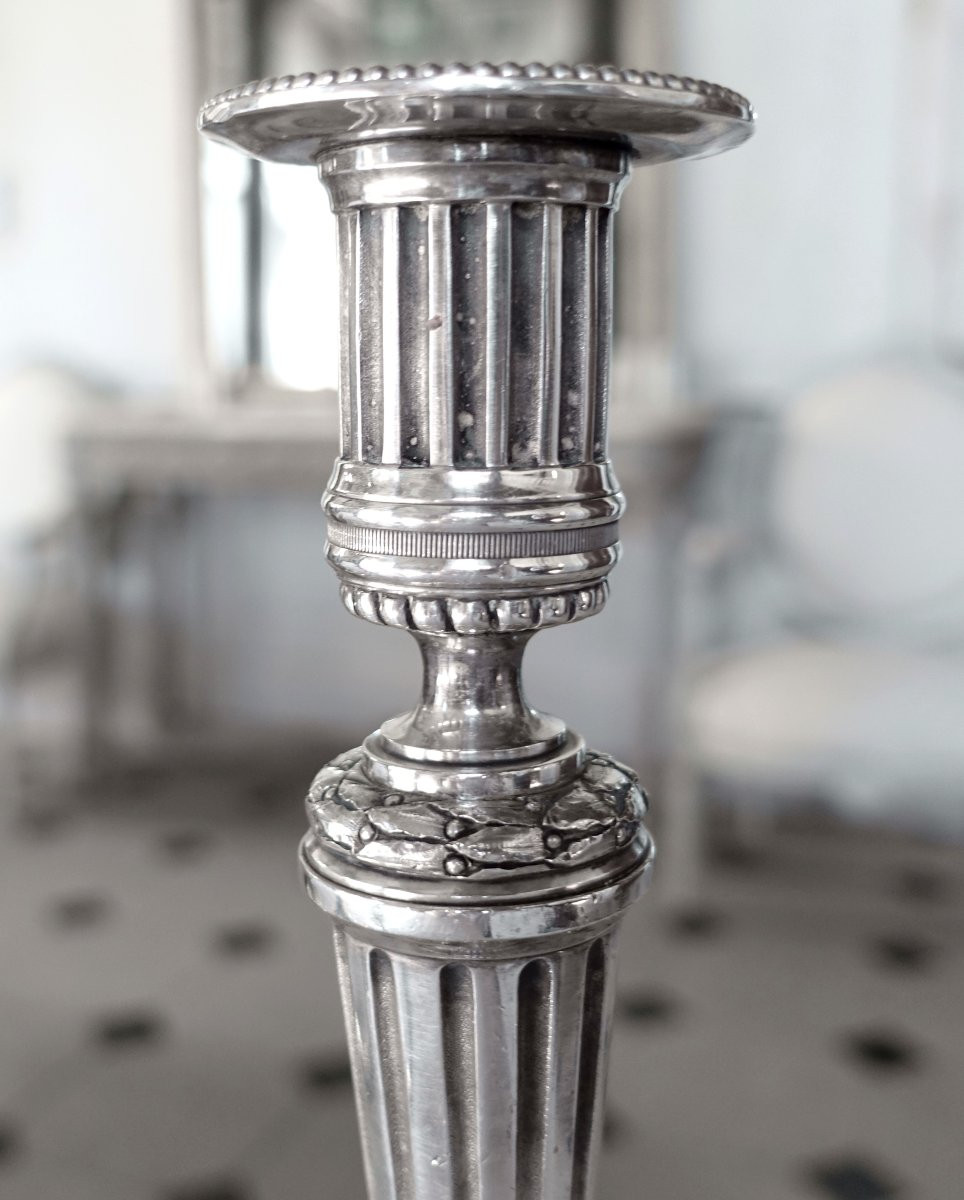   Pair Of Large Louis XVI Style 4-light Candelabra In Silver-plated Bronze-photo-1