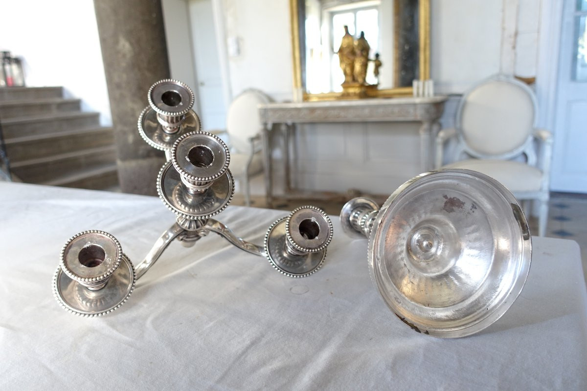   Pair Of Large Louis XVI Style 4-light Candelabra In Silver-plated Bronze-photo-2
