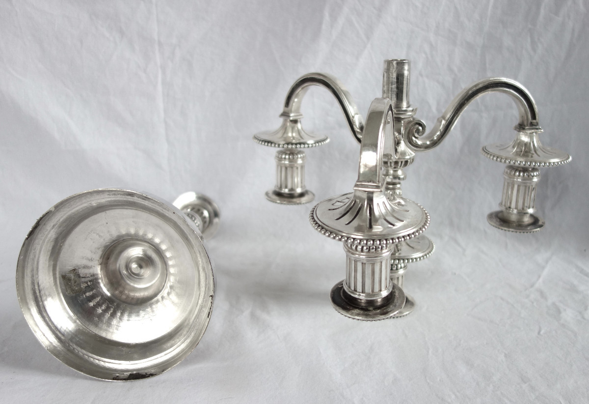   Pair Of Large Louis XVI Style 4-light Candelabra In Silver-plated Bronze-photo-2