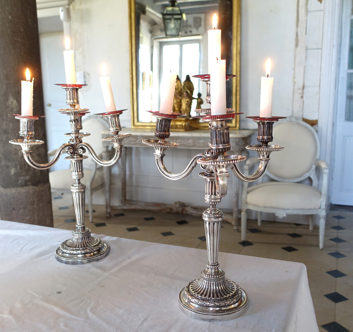   Pair Of Large Louis XVI Style 4-light Candelabra In Silver-plated Bronze
