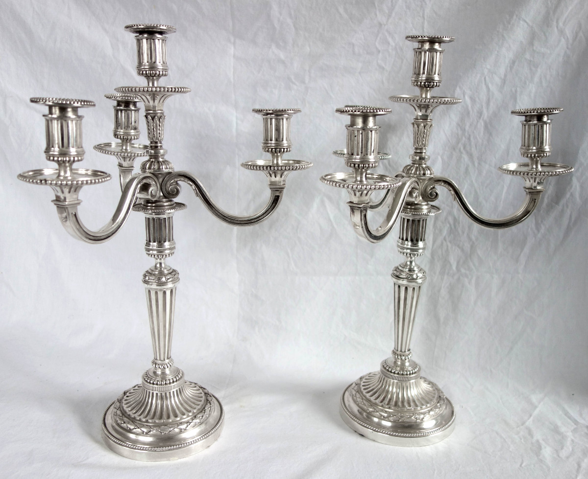   Pair Of Large Louis XVI Style 4-light Candelabra In Silver-plated Bronze