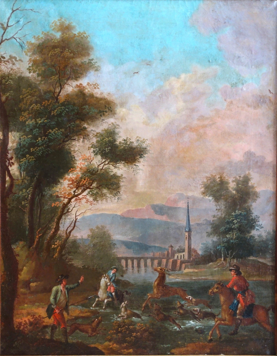 Ecole Française du 18e Siècle, scène de chasse à courre - le Bât l'Eau, huile sur toile 90x74cm-photo-2