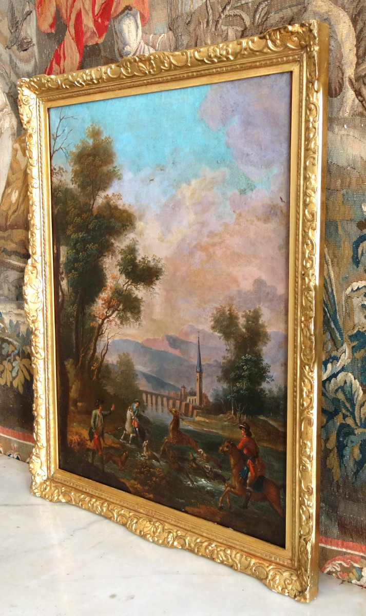 Ecole Française du 18e Siècle, scène de chasse à courre - le Bât l'Eau, huile sur toile 90x74cm-photo-4