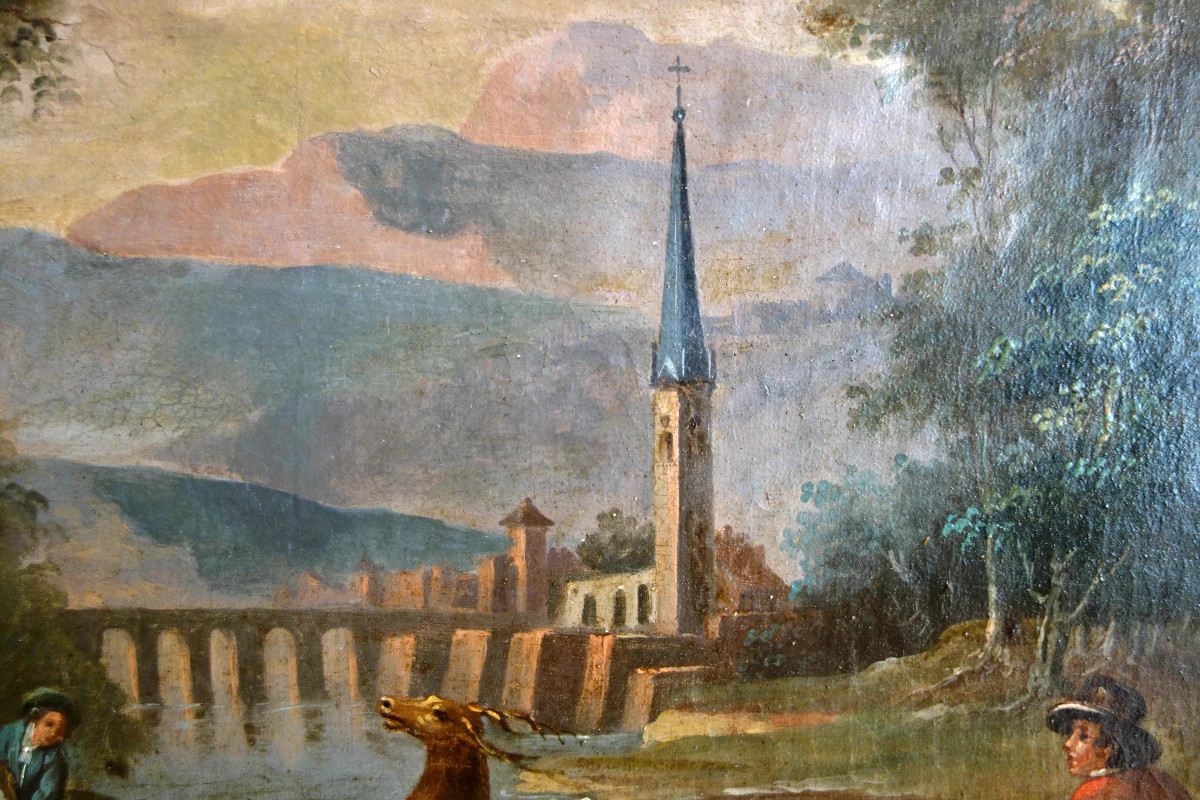 Ecole Française du 18e Siècle, scène de chasse à courre - le Bât l'Eau, huile sur toile 90x74cm-photo-6