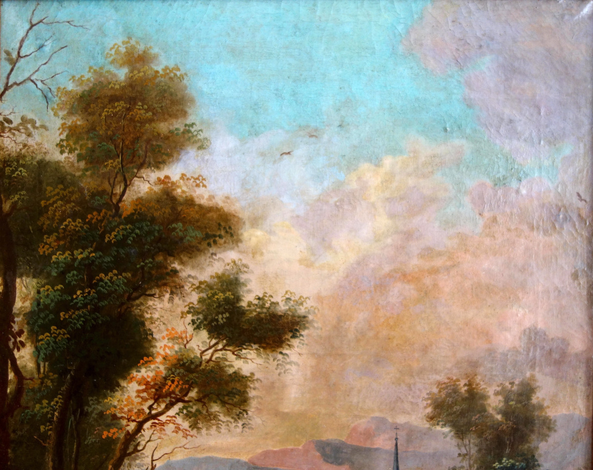 Ecole Française du 18e Siècle, scène de chasse à courre - le Bât l'Eau, huile sur toile 90x74cm-photo-7