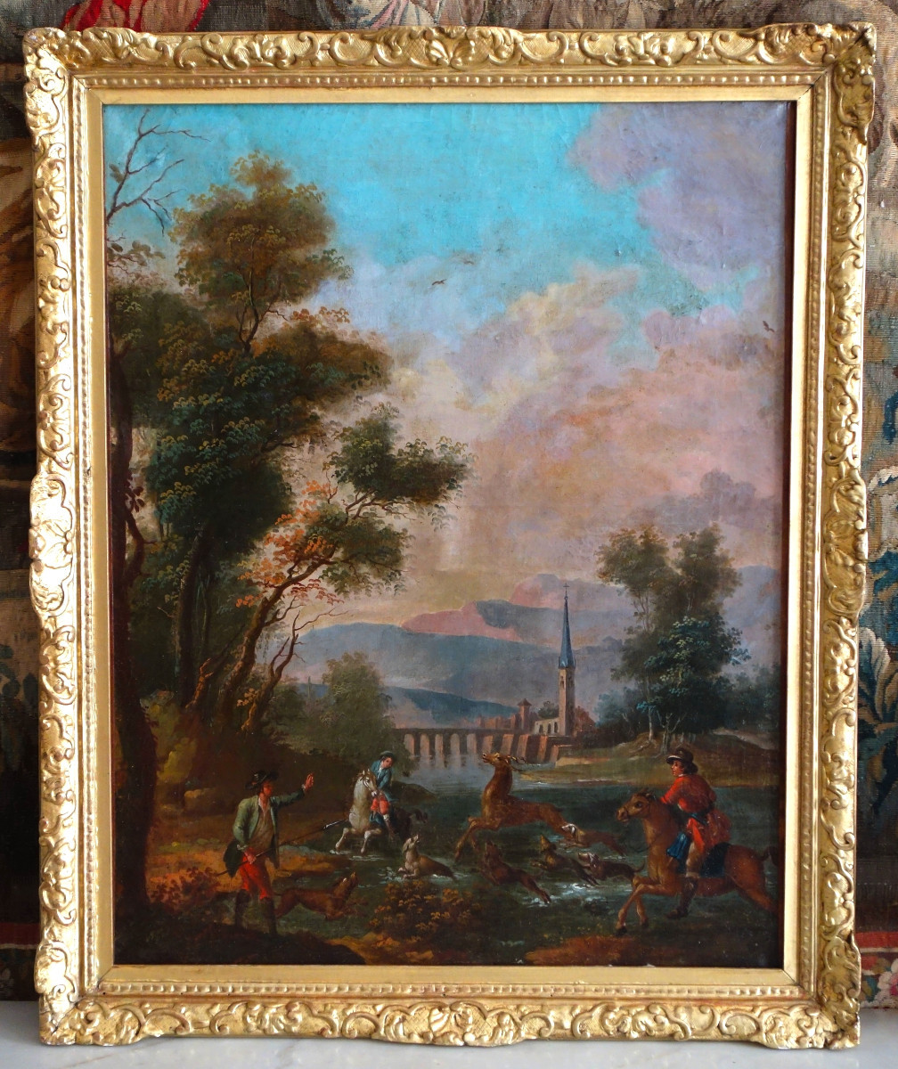 Ecole Française du 18e Siècle, scène de chasse à courre - le Bât l'Eau, huile sur toile 90x74cm