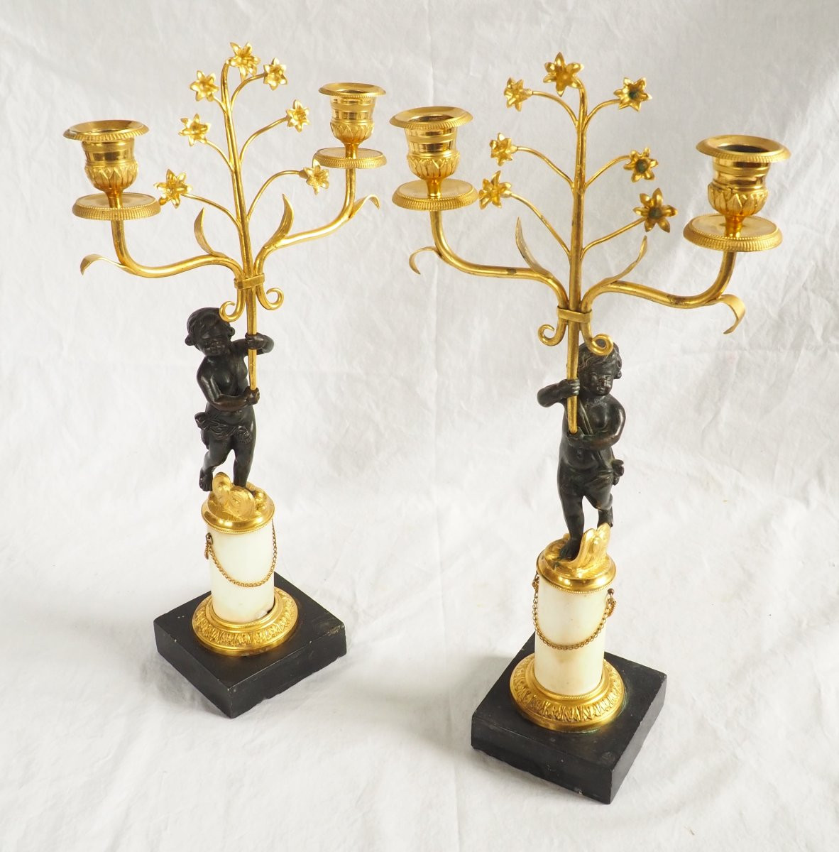 Paire de candélabres en bronze doré et marbre d'époque Empire Restauration : hauteur 35,5cm-photo-2