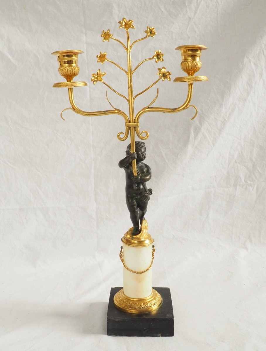 Paire de candélabres en bronze doré et marbre d'époque Empire Restauration : hauteur 35,5cm-photo-3