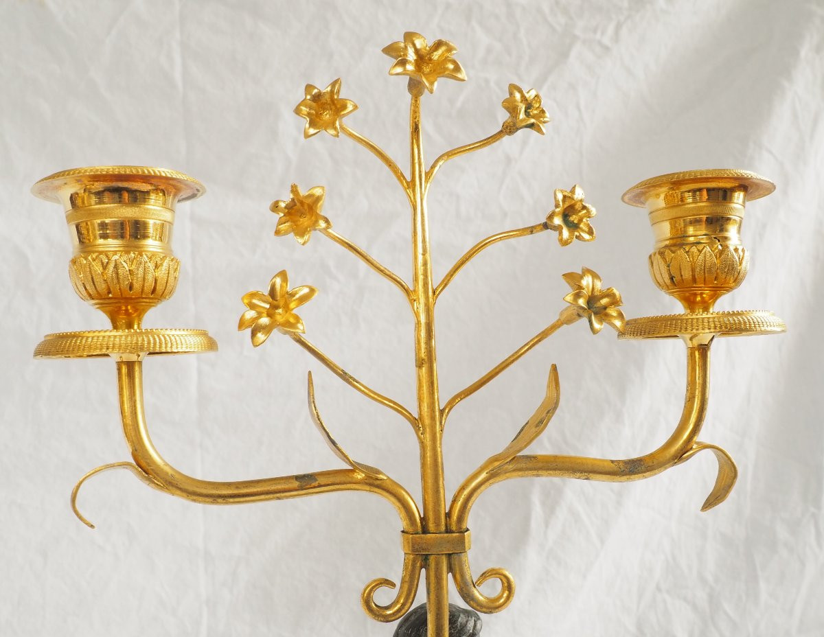 Paire de candélabres en bronze doré et marbre d'époque Empire Restauration : hauteur 35,5cm-photo-4