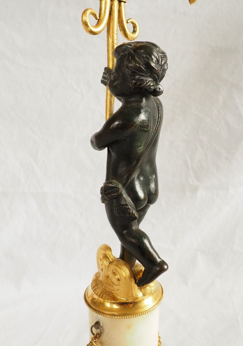 Paire de candélabres en bronze doré et marbre d'époque Empire Restauration : hauteur 35,5cm-photo-3