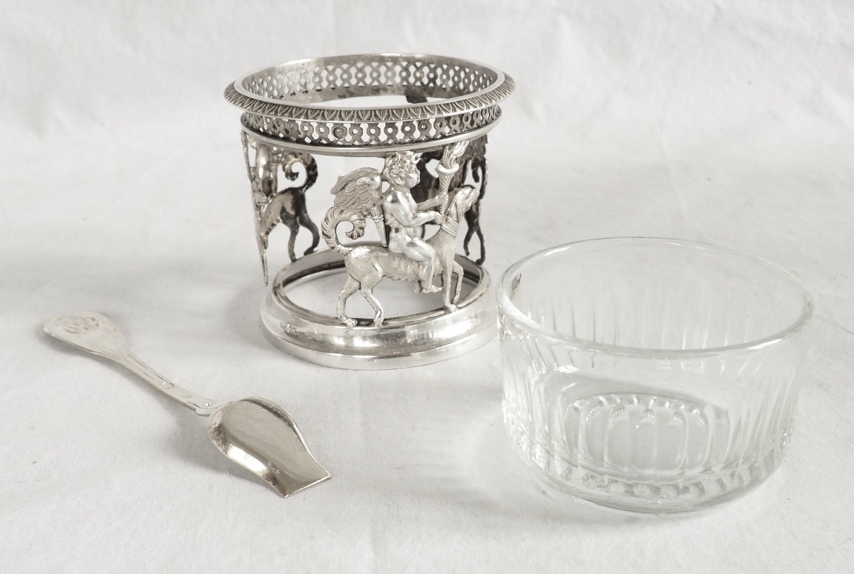 Suite 4 salerons / salières Empire en argent massif - allégorie de l'amour fidèle - poinçon Coq-photo-1