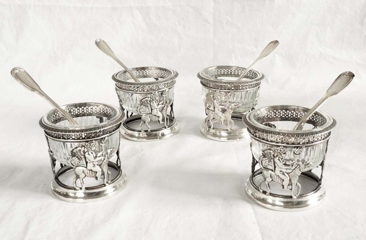 Suite 4 salerons / salières Empire en argent massif - allégorie de l'amour fidèle - poinçon Coq