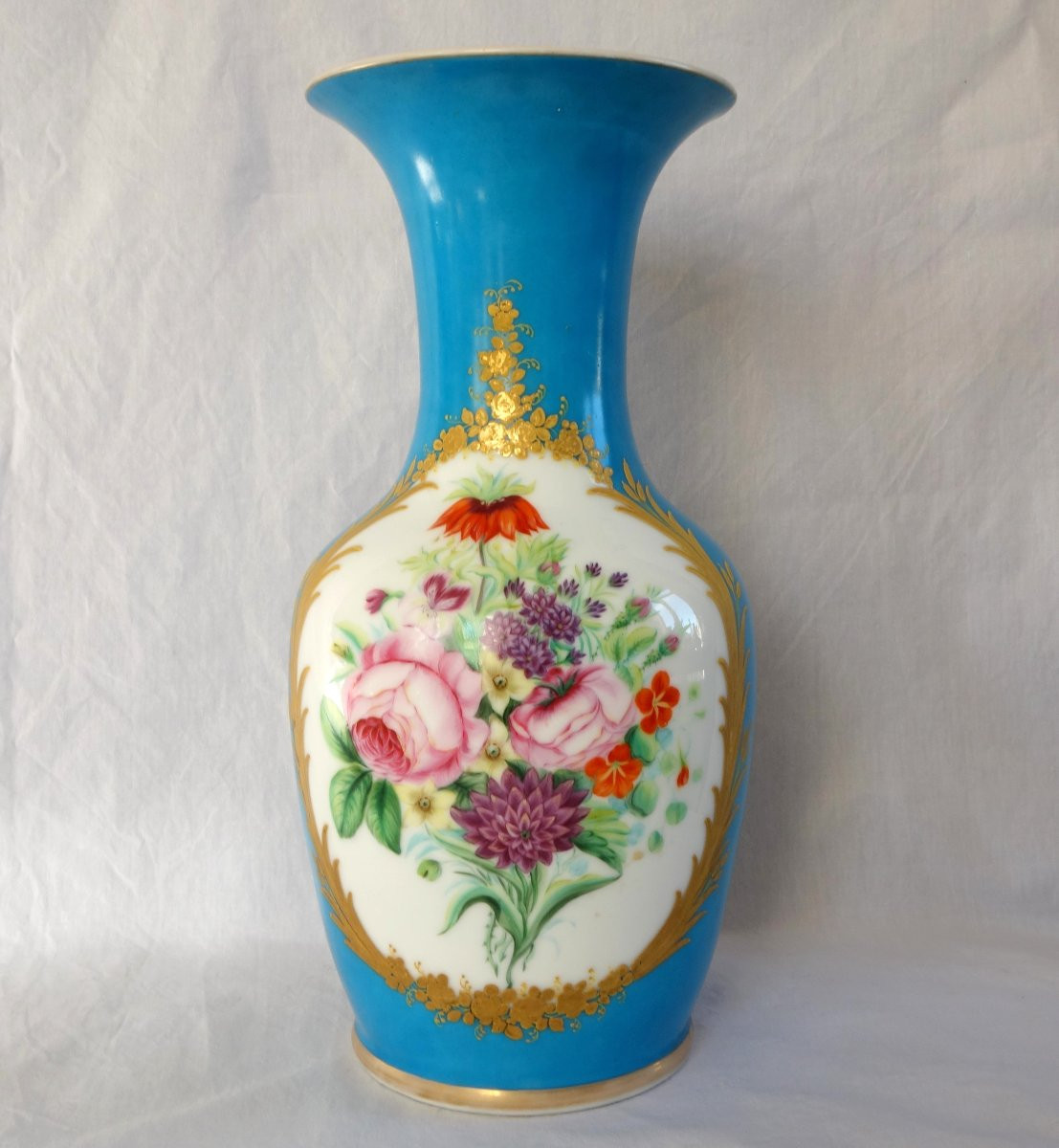 Grand vase d'ornement en porcelaine turquoise & or dans le goût de Sèvres d'époque Napoleon III-photo-2
