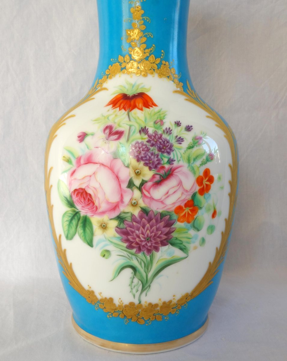 Grand vase d'ornement en porcelaine turquoise & or dans le goût de Sèvres d'époque Napoleon III-photo-3