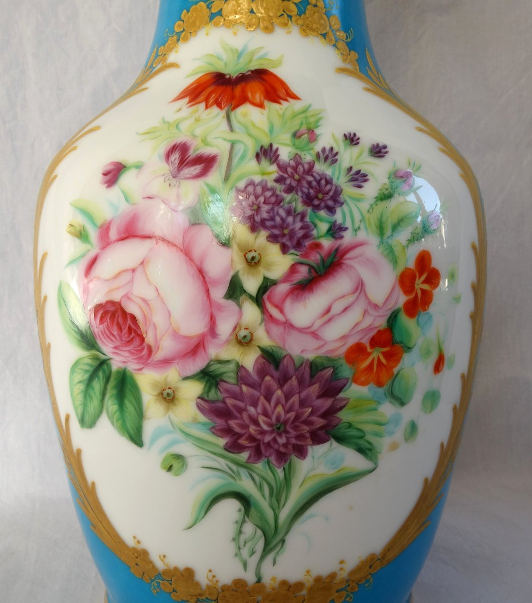 Grand vase d'ornement en porcelaine turquoise & or dans le goût de Sèvres d'époque Napoleon III-photo-4