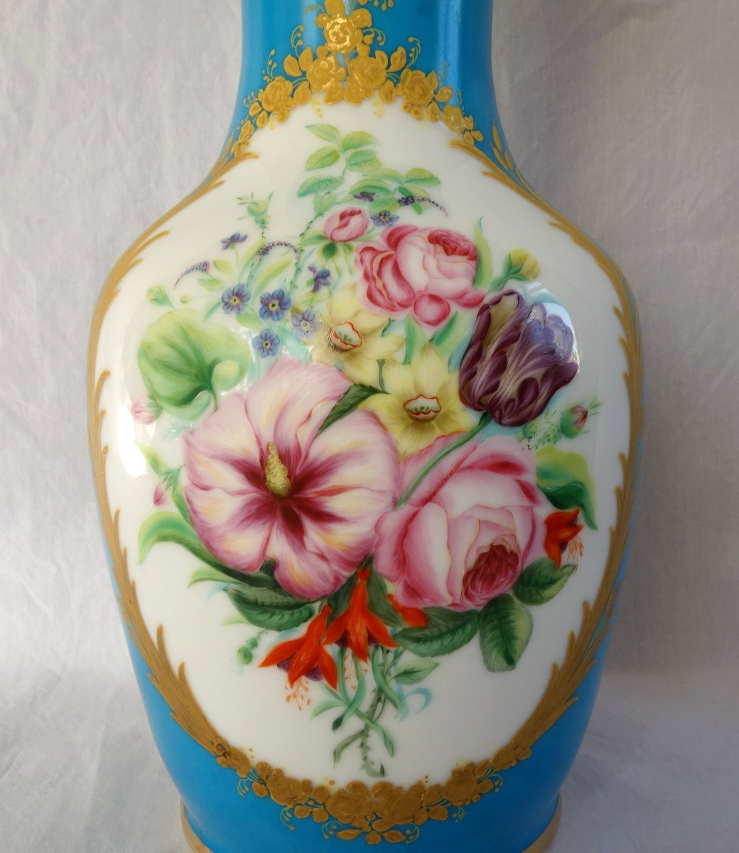 Grand vase d'ornement en porcelaine turquoise & or dans le goût de Sèvres d'époque Napoleon III-photo-4