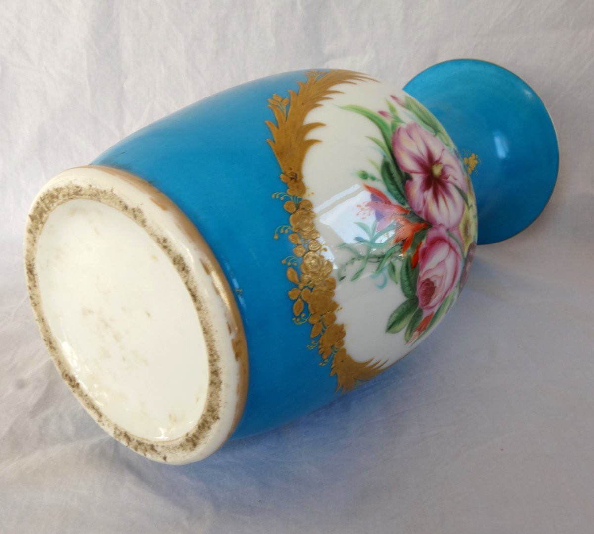 Grand vase d'ornement en porcelaine turquoise & or dans le goût de Sèvres d'époque Napoleon III-photo-6