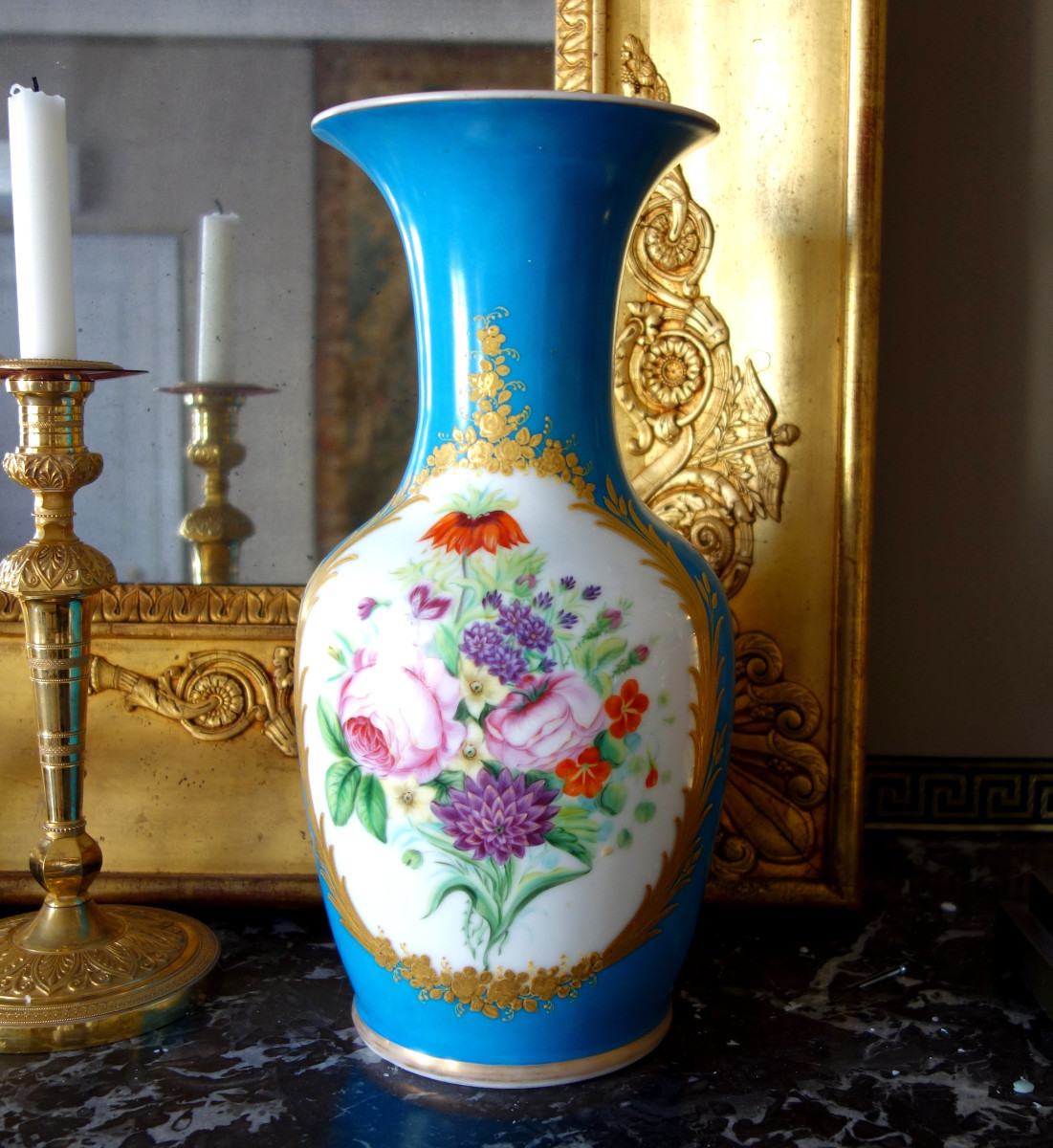 Grand vase d'ornement en porcelaine turquoise & or dans le goût de Sèvres d'époque Napoleon III