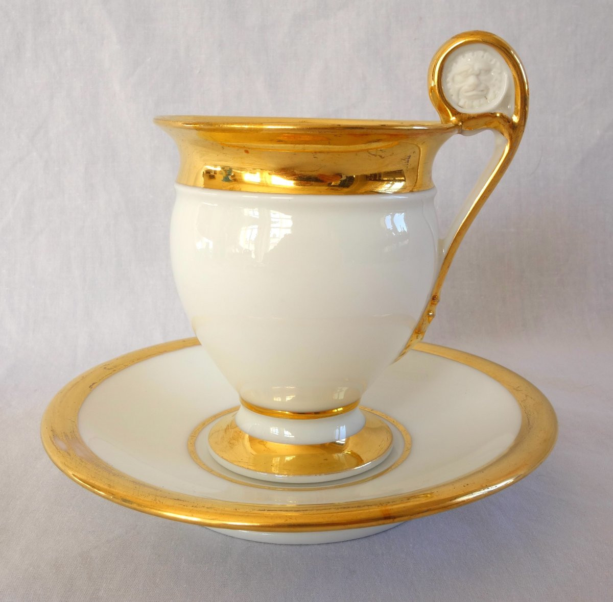 Service Tête à Tête With 2 Empire Lion-headed Cups, Gilded Paris Porcelain-photo-2