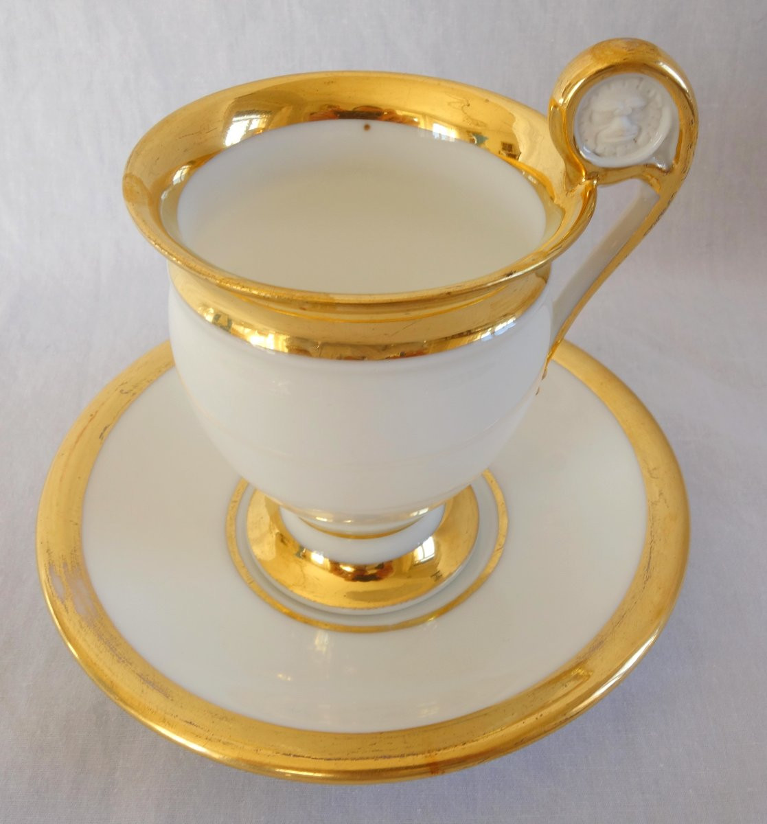 Service Tête à Tête With 2 Empire Lion-headed Cups, Gilded Paris Porcelain-photo-2
