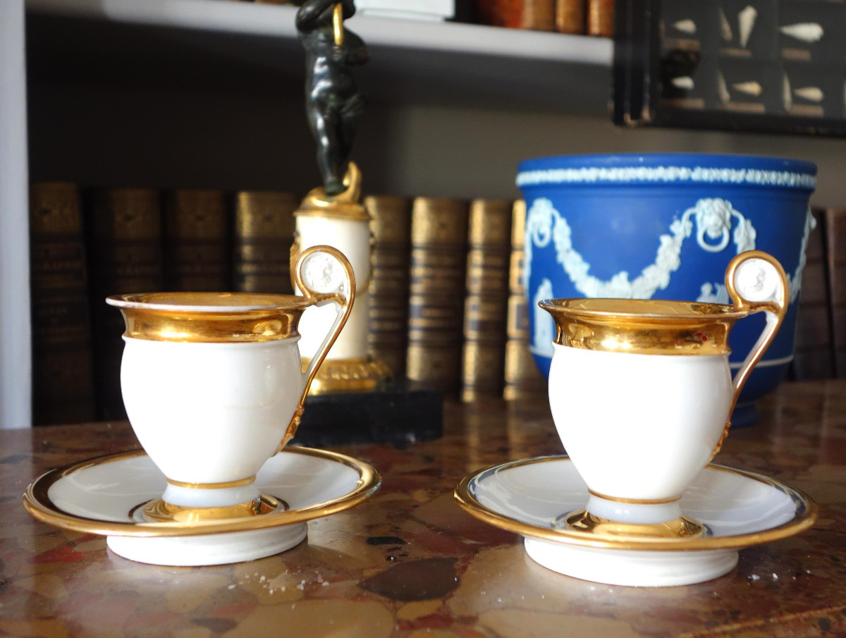 Service Tête à Tête With 2 Empire Lion-headed Cups, Gilded Paris Porcelain