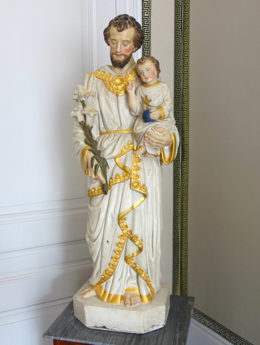 Grande statue de dévotion ou chapelle : Saint Joseph & l'enfant Jésus - platre polychrome doré-photo-2