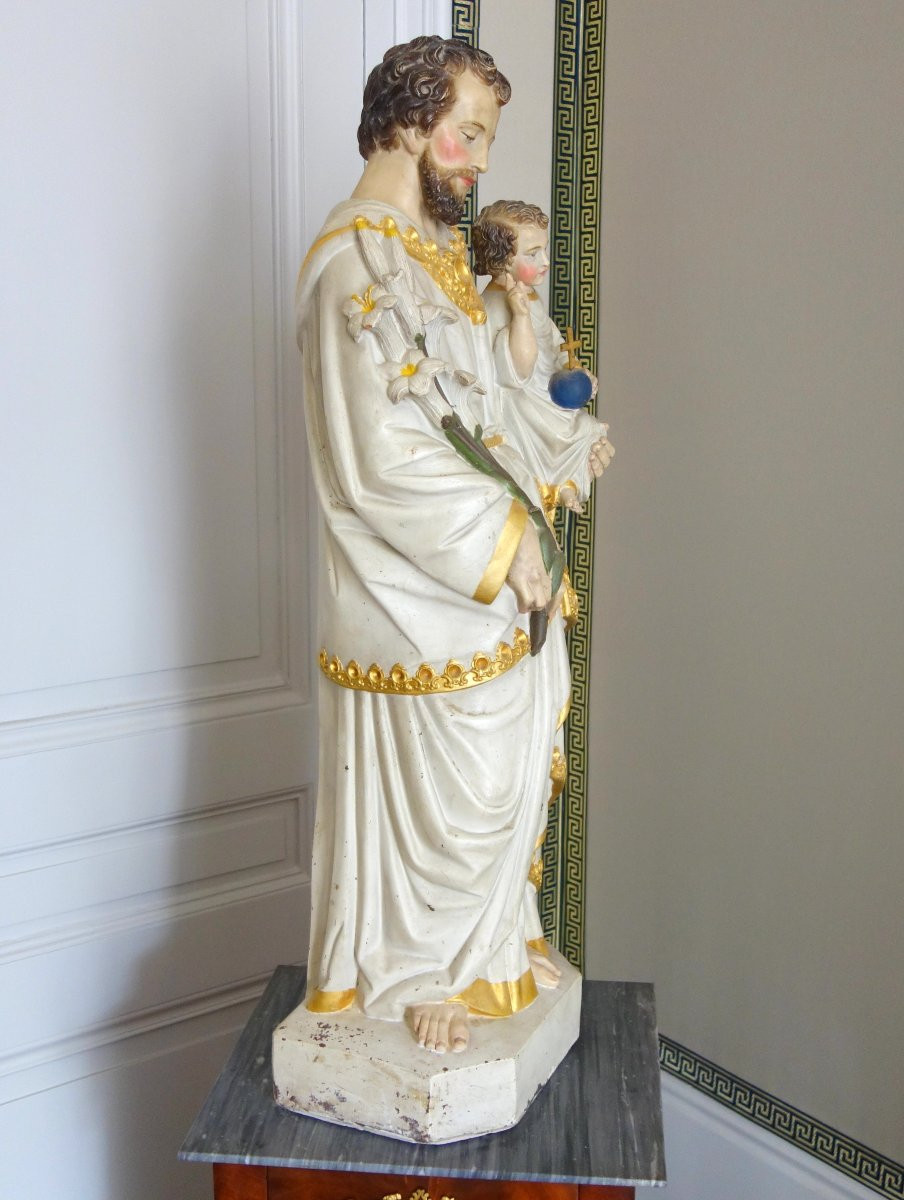 Grande statue de dévotion ou chapelle : Saint Joseph & l'enfant Jésus - platre polychrome doré-photo-3