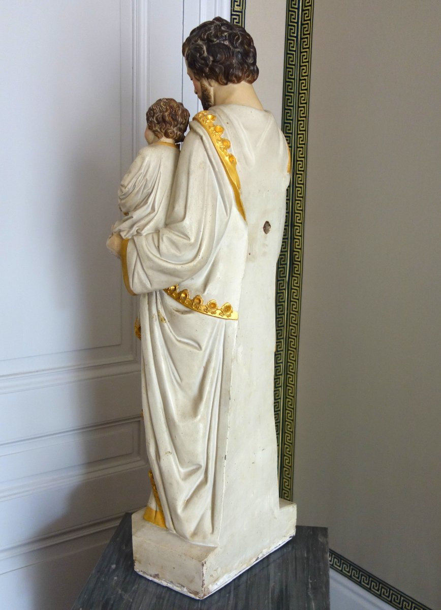 Grande statue de dévotion ou chapelle : Saint Joseph & l'enfant Jésus - platre polychrome doré-photo-4