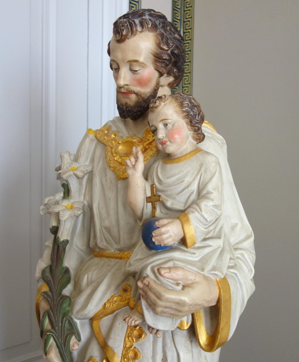 Grande statue de dévotion ou chapelle : Saint Joseph & l'enfant Jésus - platre polychrome doré-photo-1
