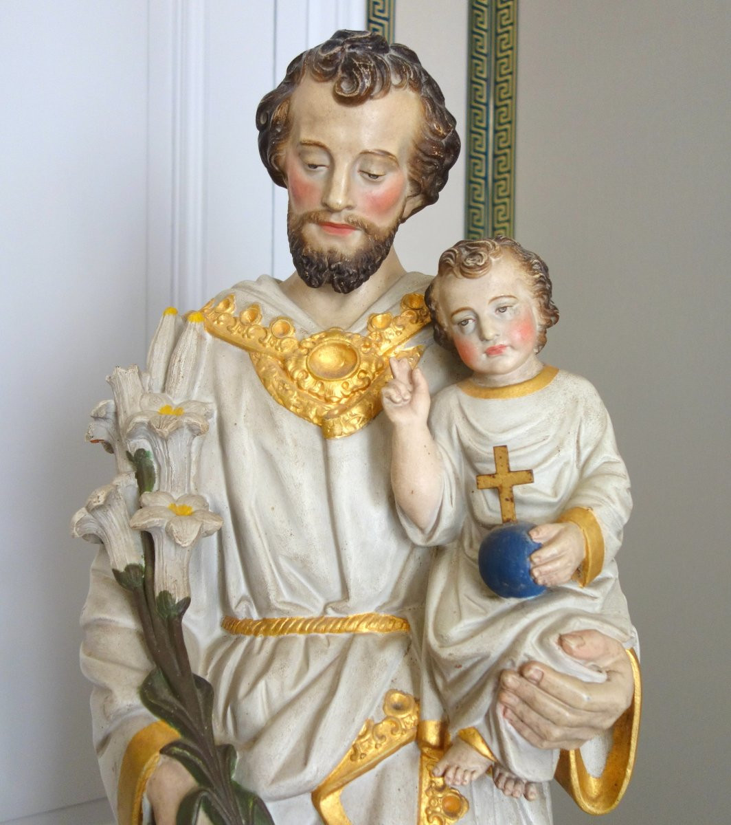 Grande statue de dévotion ou chapelle : Saint Joseph & l'enfant Jésus - platre polychrome doré-photo-2