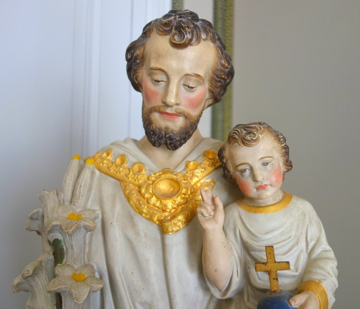 Grande statue de dévotion ou chapelle : Saint Joseph & l'enfant Jésus - platre polychrome doré-photo-3