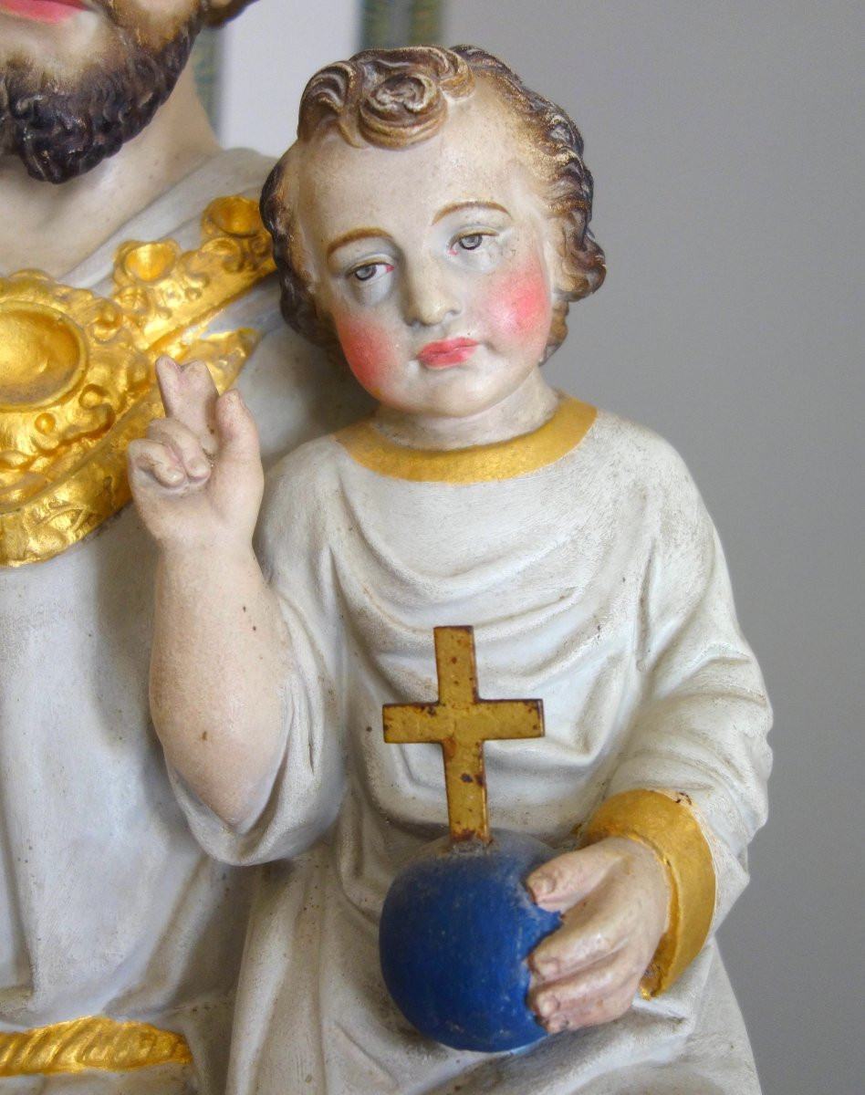 Grande statue de dévotion ou chapelle : Saint Joseph & l'enfant Jésus - platre polychrome doré-photo-4