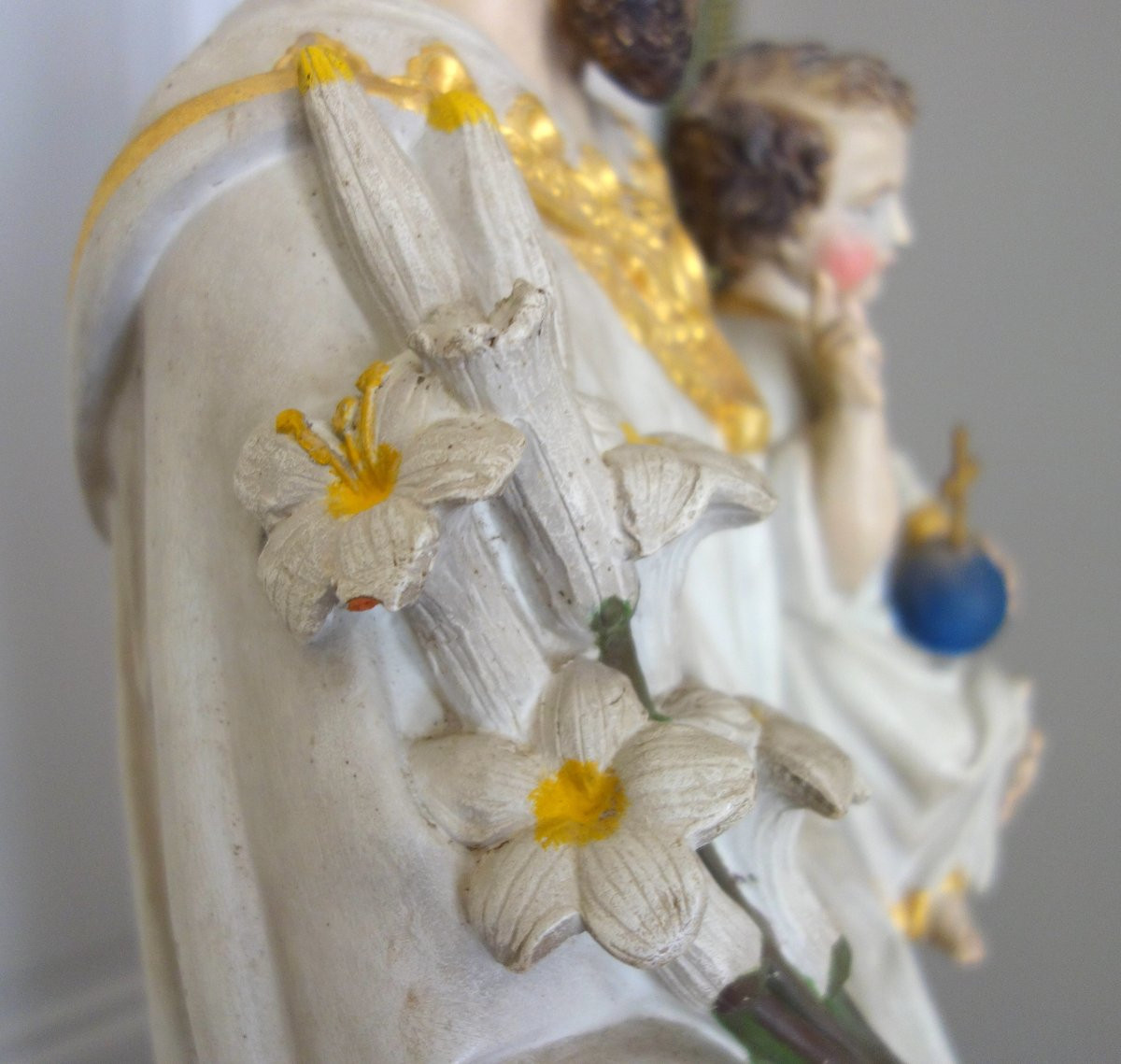 Grande statue de dévotion ou chapelle : Saint Joseph & l'enfant Jésus - platre polychrome doré-photo-5