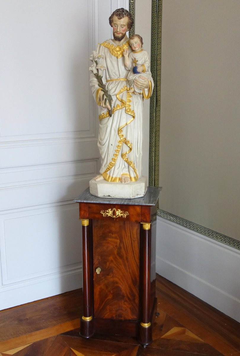 Grande statue de dévotion ou chapelle : Saint Joseph & l'enfant Jésus - platre polychrome doré-photo-8