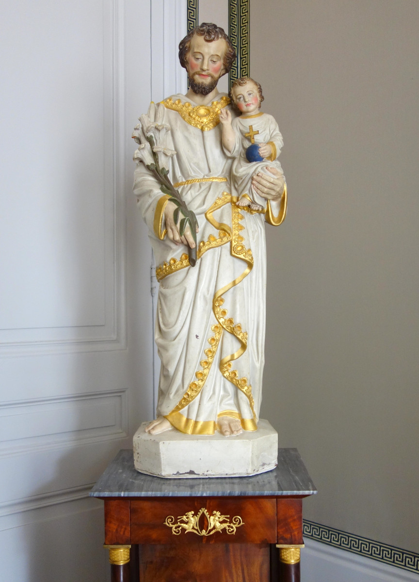 Grande statue de dévotion ou chapelle : Saint Joseph & l'enfant Jésus - platre polychrome doré