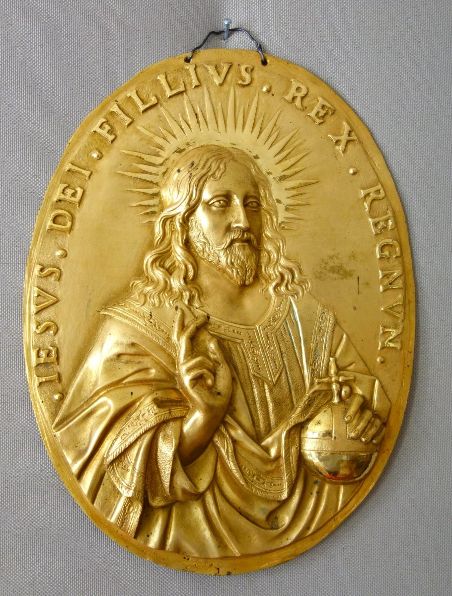 Paire de plaques de Dévotion Louis XIV Jésus et Saint Vierge en bronze ciselé & doré au mercure-photo-2