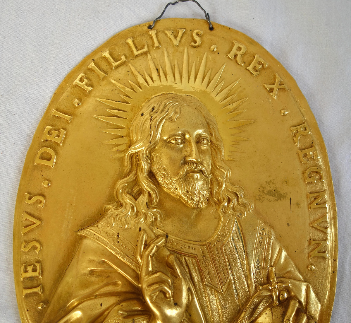 Paire de plaques de Dévotion Louis XIV Jésus et Saint Vierge en bronze ciselé & doré au mercure-photo-4