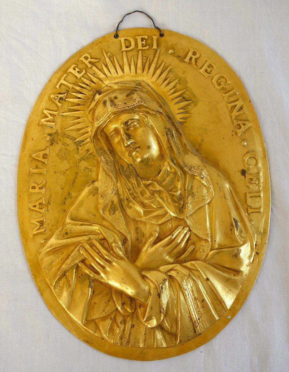 Paire de plaques de Dévotion Louis XIV Jésus et Saint Vierge en bronze ciselé & doré au mercure-photo-1