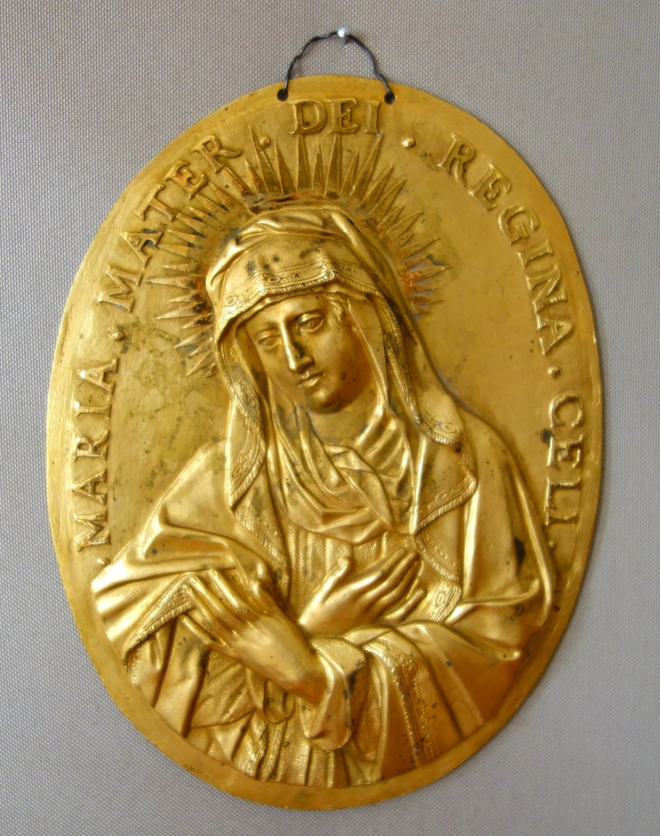 Paire de plaques de Dévotion Louis XIV Jésus et Saint Vierge en bronze ciselé & doré au mercure-photo-2