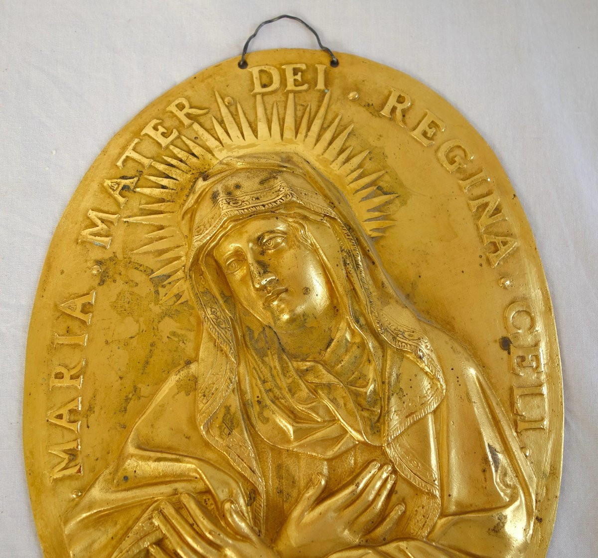 Paire de plaques de Dévotion Louis XIV Jésus et Saint Vierge en bronze ciselé & doré au mercure-photo-3
