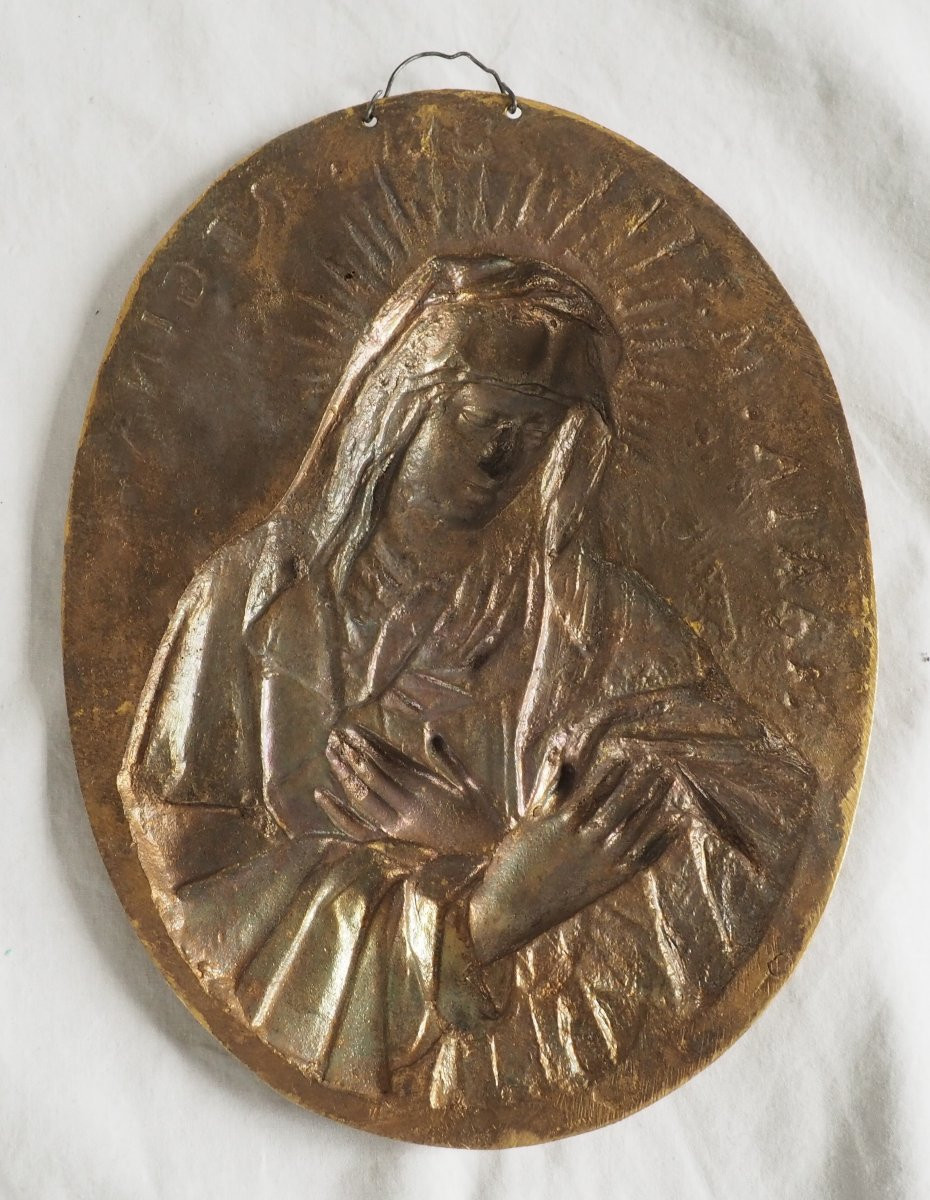 Paire de plaques de Dévotion Louis XIV Jésus et Saint Vierge en bronze ciselé & doré au mercure-photo-6