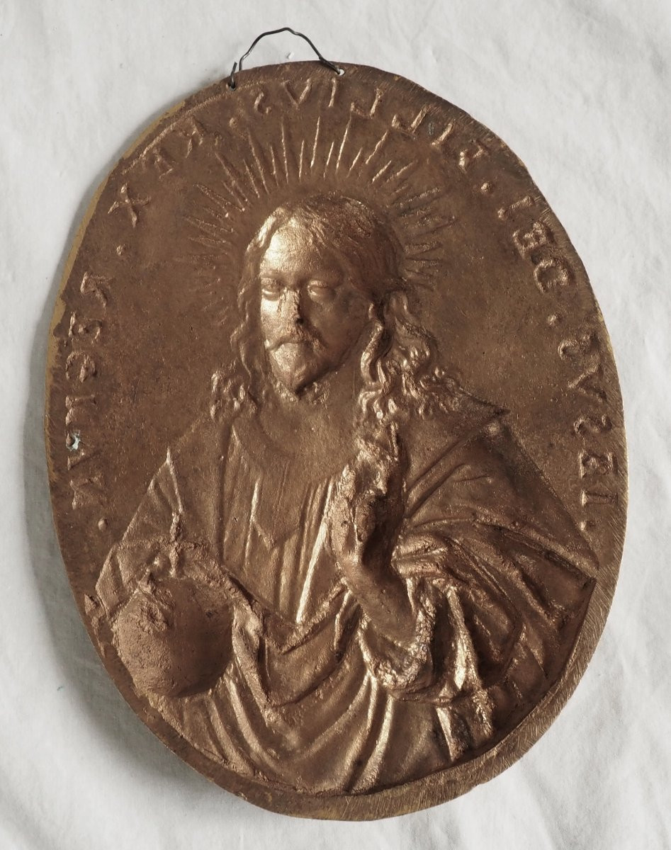 Paire de plaques de Dévotion Louis XIV Jésus et Saint Vierge en bronze ciselé & doré au mercure-photo-7