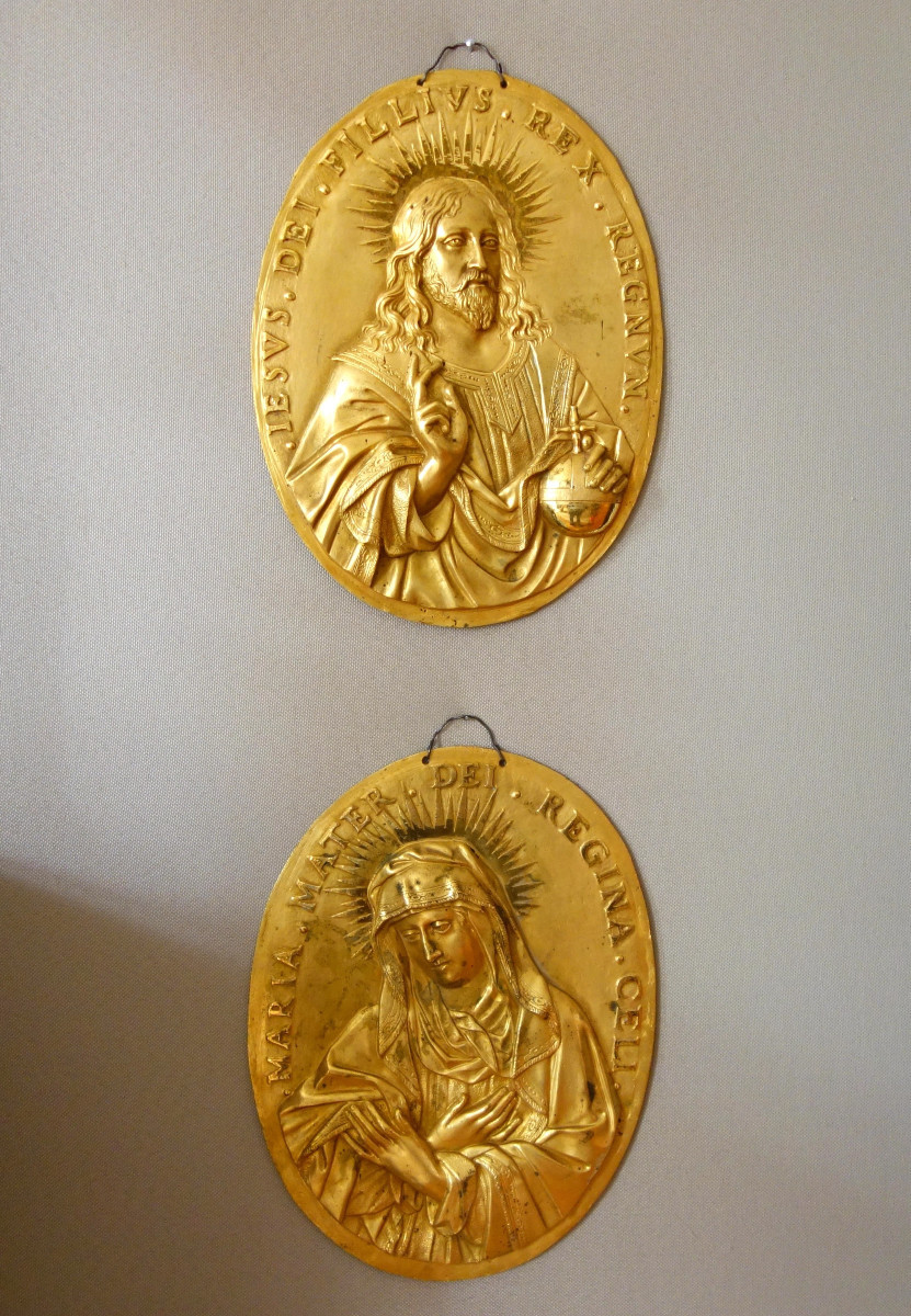 Paire de plaques de Dévotion Louis XIV Jésus et Saint Vierge en bronze ciselé & doré au mercure-photo-4