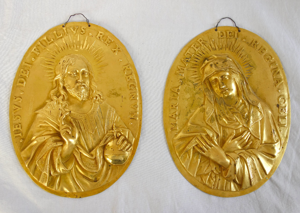 Paire de plaques de Dévotion Louis XIV Jésus et Saint Vierge en bronze ciselé & doré au mercure-photo-8
