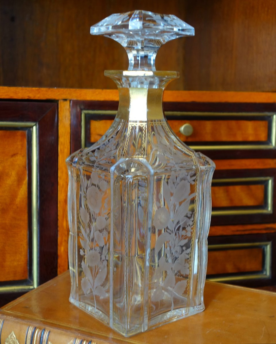 Baccarat - Carafe à whisky ou liqueur en cristal de taillé gravé et doré d'époque Napoléon III-photo-2
