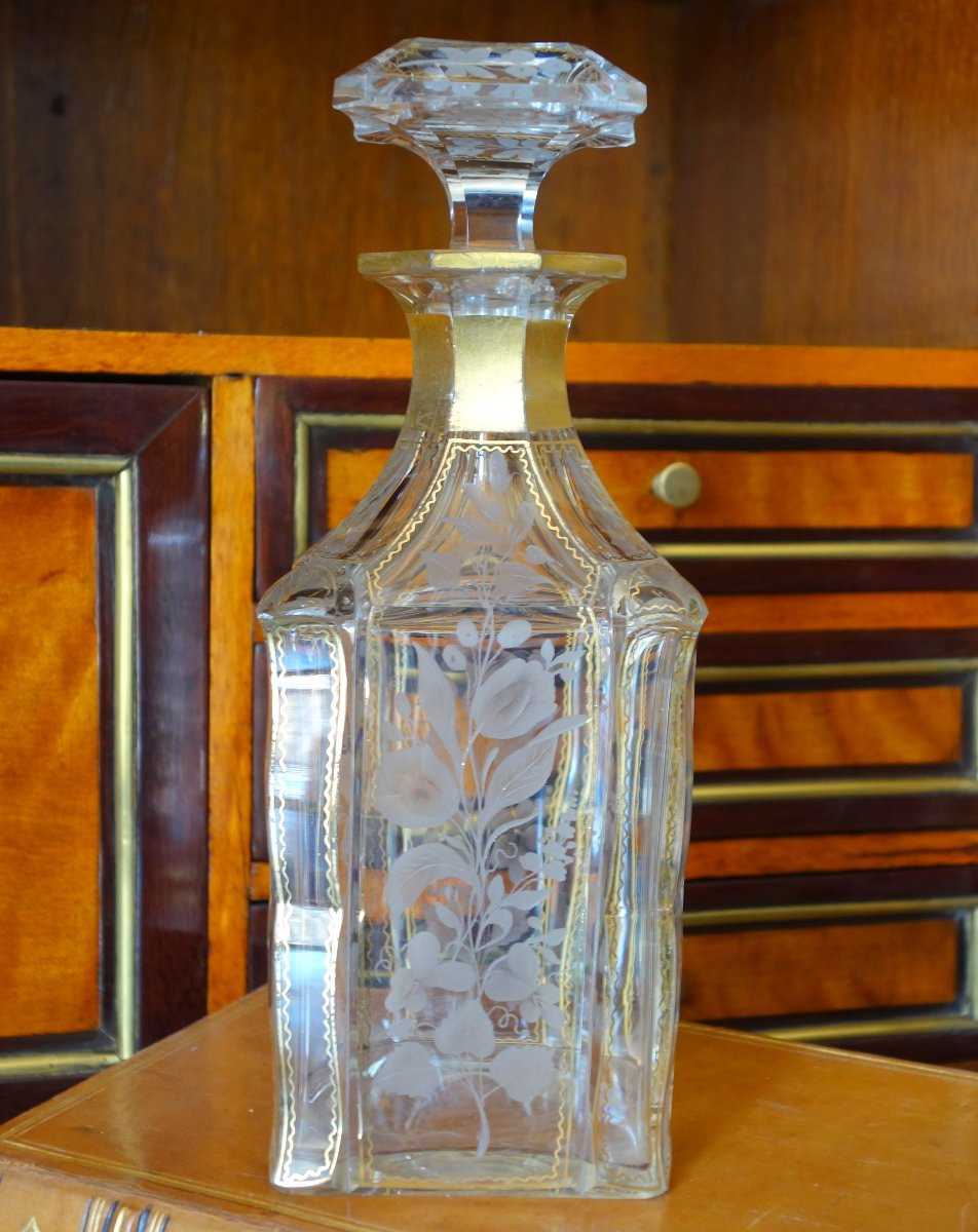 Baccarat - Carafe à whisky ou liqueur en cristal de taillé gravé et doré d'époque Napoléon III-photo-3