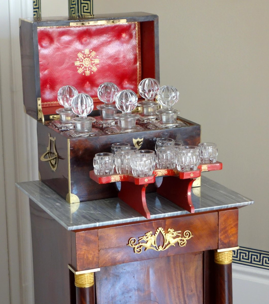 Cave à liqueur d'époque Empire en cristal du Creusot et acajou - complète avec ses verres-photo-2